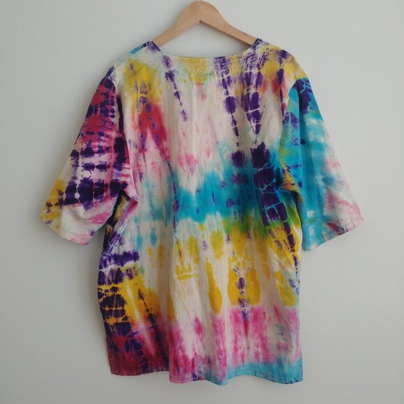Handmade sturdy 100% cotton approx XL tie dye look embroidered blouse pockets - Picture 9 of 16